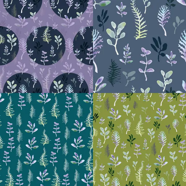 stock vector Vector minimalistic, floral vertical green, purple, blue watercolor leaves pattern on dark background. Set of four Scandinavian style patterns. For scrapbooks, albums, notebook covers, summer, autumn