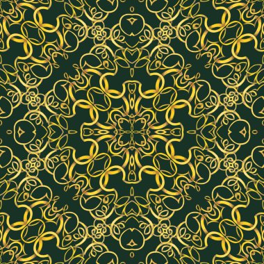El çizimi cinsiyet ayrımı yapılmamış altın çizgi süsü. Tarafsız koyu yeşil arkaplanda kare eşkenar dörtgen bileşiminde vektör geometrik desen. Doğulu süsleme stili. Vektör illüstrasyonu