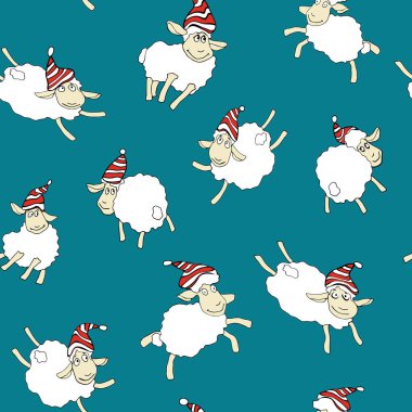 Perfect for holiday themed digital projects like fabric, gift wrap, or greeting cards. The funny, playful flying sheep in striped winter hats bring a festive and playful touch to any design project clipart