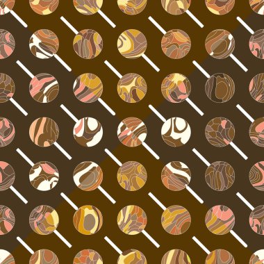 Model, kumaş baskısı, şeker paketleme ve kutularda kullanmak için mükemmel. Soyut karamel, süt ve koyu kahverengi çikolata, pembe ve beyaz krema lolipop deseni oyuncu ve renkli bir şekil ekler.