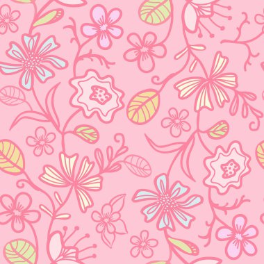 Soyut papatyalar, zambaklar, amber çiçekleri ve pembe nötr arka planda kiraz çiçekleriyle tuhaf, dikişsiz karalama deseni. Tekstil, duvar kâğıtları, kırtasiye ve moda için mükemmel.