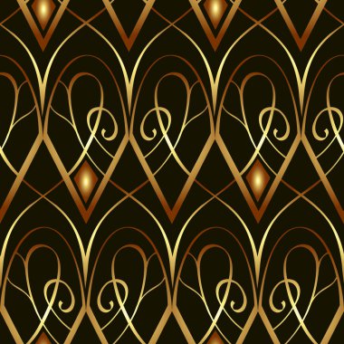 Tasarımlarınızı bu kusursuz geometrik desenle yükseltin, Art Deco 'nun zamansız zarafetinden esinlenerek. Zengin altın, bronz ve koyu kahverengi tonlarda birbirine dolanmış elmas şekilleri var.