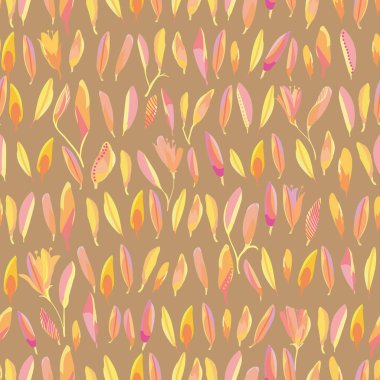 Warm painterly leaves in pink, apricot and yellow, tossed on a sandy brown background. Pastel, colorful, abstract seamless and tileable. For textiles, gift wrap, packaging, branding and digital papers
