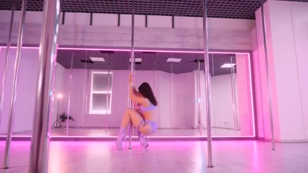 Una Mujer Baila Baile Poste Sensuales Movimientos Baile Capturados Una — Vídeos de Stock