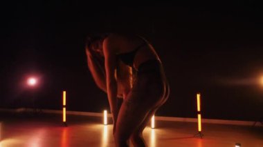 Sexy woman dancing a seductive dance. A dancer girl with a big ass dances erotically in a dark hall. Twerk, high heels, striptease. Sultry woman in lingerie posing in front of a soft light. Sensual pose in lingerie against a glowing backdrop. 