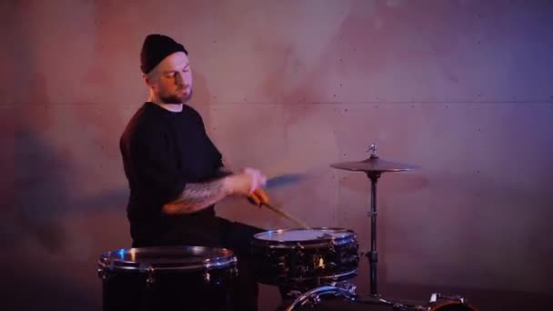 Man Plays Drums Studio Drive Musician Drummer Coolly Plays Rock — Stock Video