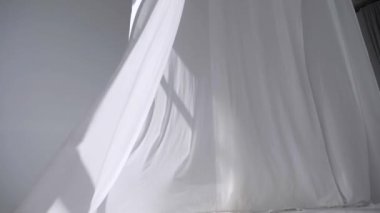 Beyaz şeffaf kumaş rüzgarda dalgalanıyor. Parlak bir stüdyoda uzun beyaz perdeler. Rüzgarda savrulan saf beyaz perdeler. Ağır çekim. Görüntüler. Güneşli bir odada beyaz bir perde yükseliyor. Yumuşak, dalgalı beyaz perde Sakin bir ortamda. 