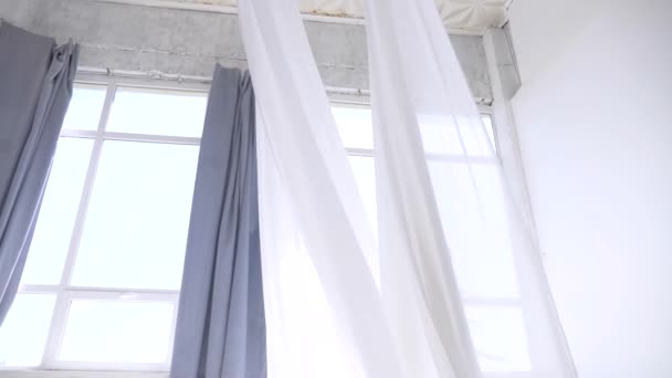White Transparent Fabric Flutters Wind Long White Curtains Bright Studio — Stock Video