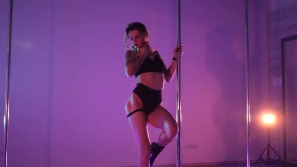 Sexy Vrouw Danst Een Paaldans Een Discotheek Erotische Dans Een — Stockvideo