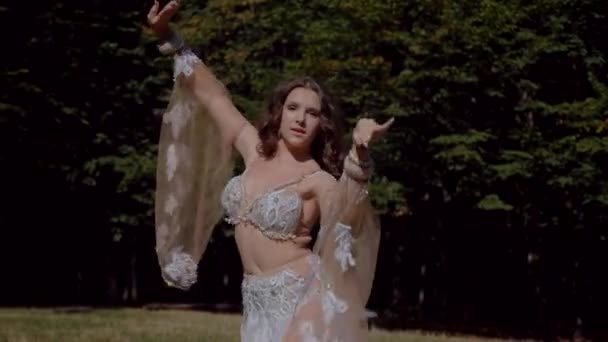 Girl Belly Dancing Forest Oriental Dance Woman White Belly Dance — Stock Video