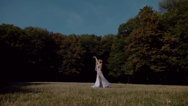 Κοιλιά Της Κοπέλας Χορεύει Στο Δάσος Ανατολικός Χορός Γυναίκα Λευκό — Αρχείο Βίντεο