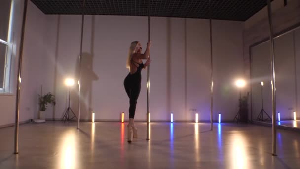 Vacker Kvinna Dansar Poledans Slow Motion Skjutning Erotisk Dans Påle — Stockvideo