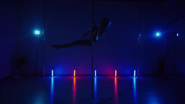轮廓人物优雅地在光线昏暗的房间里绕着一根柱子移动 一个漂亮的女人跳舞撑杆跳 迪斯科派对性感的女人在迪斯科俱乐部跳舞 在杆子上的情色舞蹈 异国情调的撑竿舞脱衣舞娘撑竿艺术 — 图库视频影像