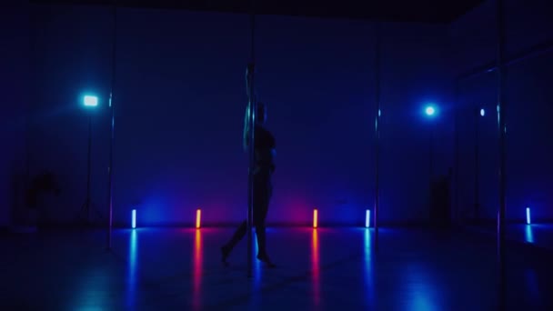 Silueta Půvabně Obchází Tyč Matně Osvětlené Místnosti Krásná Žena Tančí — Stock video