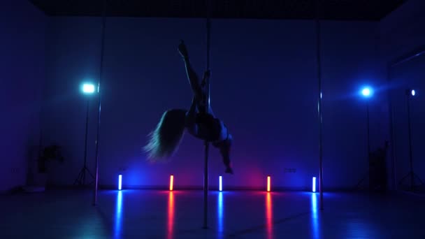 Silhouetted Figure Gracefully Moves Pole Dimly Lit Room Beautiful Woman — Stock Video