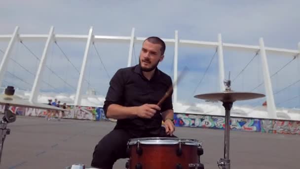 Guy Plays Drums Coolly Music Band Plays Square Backdrop Stadium — Stock Video