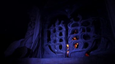 Eski bir şömine. Büyük bir şöminede bir ateş yanıyor. Şömine evde, Castle. Karanlık odada ateş parıltısı var. Kış gecesi sıcacık bir şömine. Şöminede dans eden alevler. Çatırdayan alevlerin çevresindeki ışık.