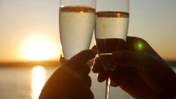 Newlyweds Clinking Champagne Glasses Sunset Bride Groom Raising Toast Champagne — Stock Video