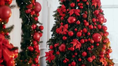 Geleneksel Noel ağacı kırmızı süslemelerle süslenmiş. Güzel dekore edilmiş Noel ağacı olan şenlik odası. Kırmızı takılar bir tatil ağacına renk katıyor. Kırmızıyla süslenmiş klasik bir Noel ağacıyla samimi bir ortam. Zarif dekorasyonlar 