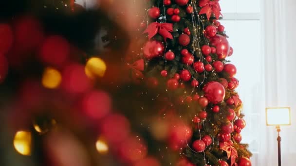 Arbre Noël Traditionnel Orné Ornements Rouges Chambre Festive Avec Arbre — Video