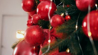 Geleneksel Noel ağacı kırmızı süslemelerle süslenmiş. Güzel dekore edilmiş Noel ağacı olan şenlik odası. Kırmızı takılar bir tatil ağacına renk katıyor. Kırmızıyla süslenmiş klasik bir Noel ağacıyla samimi bir ortam. Zarif dekorasyonlar 