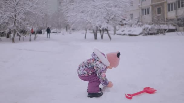 雪の中のおもちゃで遊んでいる若い女の子 雪の日にシャベルを投げる子供たち 女の子は冬のシーンに雪だるまを投げました 雪の遊び場で雪のボールで笑ったり楽しんだりする子供たち 雪の中で遊ぶおもちゃを楽しんでいる小さな女の子 — ストック動画
