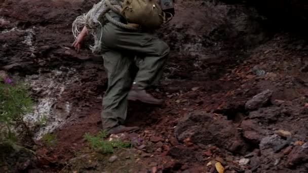 Man Climbs Crawls Dangerous Mountain Man Looking Gold Mountains Treasure — Stock Video