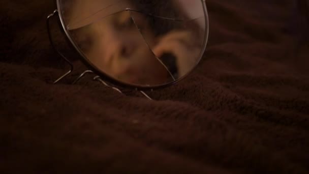 Exhausted Woman Looking Broken Mirror Lying Bed Troubled Woman Seeking — Stock Video
