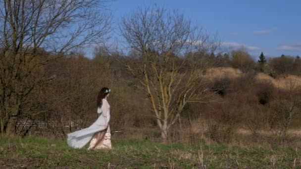 Dáma Bílých Svatebních Šatech Připomínající Elfa Uprostřed Malebné Polní Krajiny — Stock video