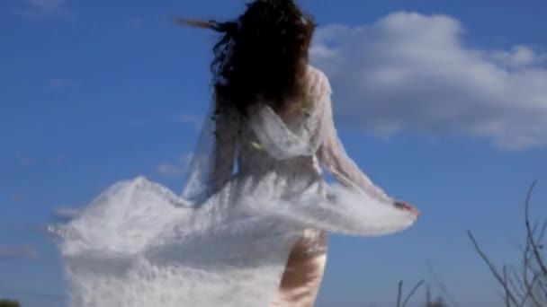 Dáma Bílých Svatebních Šatech Připomínající Elfa Uprostřed Malebné Polní Krajiny — Stock video