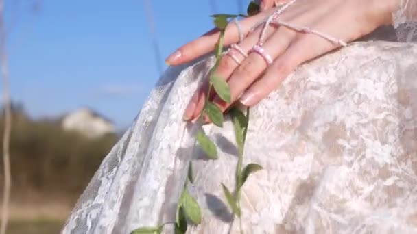 Dame Robe Mariée Blanche Ressemblant Elfe Milieu Paysage Champ Pittoresque — Video