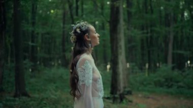 Çekici Dryad veya orman perisi. Ormanda şeffaf beyaz elbiseli hoş bir kadın. Mavka, Naiad, Nymph. Düğün kıyafetiyle bir ormanlık alanda gezinen bir gelinin büyüleyici bir sahnesi. Sihirli bir ormanda gezinen bir kadın