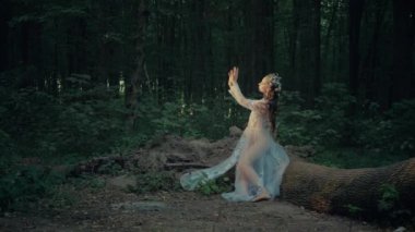 Çekici Dryad veya orman perisi. Ormanda şeffaf beyaz elbiseli hoş bir kadın. Mavka, Naiad, Nymph. Düğün kıyafetiyle bir ormanlık alanda gezinen bir gelinin büyüleyici bir sahnesi. Sihirli bir ormanda gezinen bir kadın