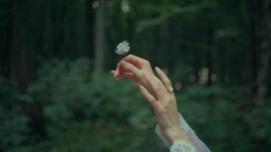 Çekici Dryad veya orman perisi. Ormanda şeffaf beyaz elbiseli hoş bir kadın. Mavka, Naiad, Nymph. Düğün kıyafetiyle bir ormanlık alanda gezinen bir gelinin büyüleyici bir sahnesi. Sihirli bir ormanda gezinen bir kadın