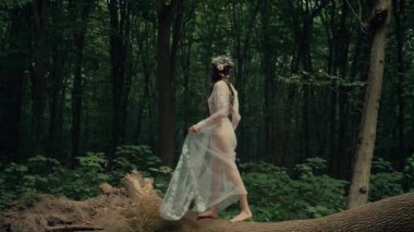 Çekici Dryad veya orman perisi. Ormanda şeffaf beyaz elbiseli hoş bir kadın. Mavka, Naiad, Nymph. Düğün kıyafetiyle bir ormanlık alanda gezinen bir gelinin büyüleyici bir sahnesi. Sihirli bir ormanda gezinen bir kadın