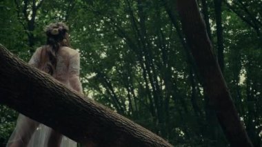 Çekici Dryad veya orman perisi. Ormanda şeffaf beyaz elbiseli hoş bir kadın. Mavka, Naiad, Nymph. Düğün kıyafetiyle bir ormanlık alanda gezinen bir gelinin büyüleyici bir sahnesi. Sihirli bir ormanda gezinen bir kadın