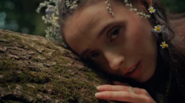 Çekici Dryad veya orman perisi. Ormanda şeffaf beyaz elbiseli hoş bir kadın. Mavka, Naiad, Nymph. Düğün kıyafetiyle bir ormanlık alanda gezinen bir gelinin büyüleyici bir sahnesi. Sihirli bir ormanda gezinen bir kadın