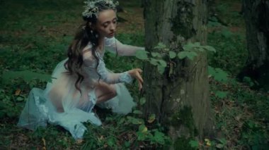 Çekici Dryad veya orman perisi. Ormanda şeffaf beyaz elbiseli hoş bir kadın. Mavka, Naiad, Nymph. Düğün kıyafetiyle bir ormanlık alanda gezinen bir gelinin büyüleyici bir sahnesi. Sihirli bir ormanda gezinen bir kadın