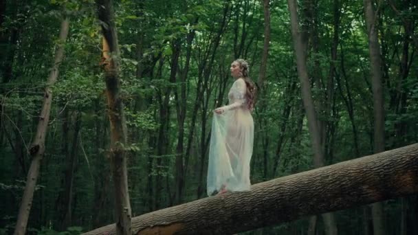 Atraktivní Dryáda Nebo Lesní Víla Okouzlující Žena Průhledných Bílých Šatech — Stock video