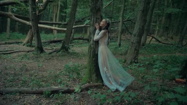 Atrakcyjna Dryad Lub Forest Fairy Urocza Kobieta Przezroczystej Białej Sukience — Wideo stockowe