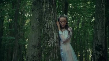 Çekici Dryad veya orman perisi. Ormanda şeffaf beyaz elbiseli hoş bir kadın. Mavka, Naiad, Nymph. Düğün kıyafetiyle bir ormanlık alanda gezinen bir gelinin büyüleyici bir sahnesi. Sihirli bir ormanda gezinen bir kadın