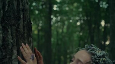 Çekici Dryad veya orman perisi. Ormanda şeffaf beyaz elbiseli hoş bir kadın. Mavka, Naiad, Nymph. Düğün kıyafetiyle bir ormanlık alanda gezinen bir gelinin büyüleyici bir sahnesi. Sihirli bir ormanda gezinen bir kadın