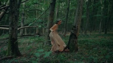 Çekici Dryad veya orman perisi. Ormanda şeffaf beyaz elbiseli hoş bir kadın. Mavka, Naiad, Nymph. Düğün kıyafetiyle bir ormanlık alanda gezinen bir gelinin büyüleyici bir sahnesi. Sihirli bir ormanda gezinen bir kadın