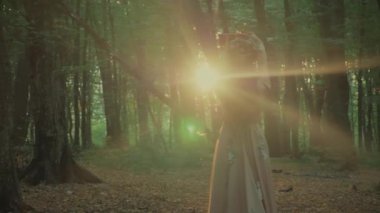 Çekici Dryad veya orman perisi. Ormanda şeffaf beyaz elbiseli hoş bir kadın. Mavka, Naiad, Nymph. Düğün kıyafetiyle bir ormanlık alanda gezinen bir gelinin büyüleyici bir sahnesi. Sihirli bir ormanda gezinen bir kadın