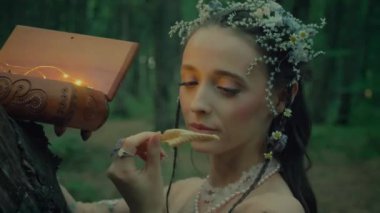 Çekici Dryad veya orman perisi. Ormanda şeffaf beyaz elbiseli hoş bir kadın. Mavka, Naiad, Nymph. Düğün kıyafetiyle bir ormanlık alanda gezinen bir gelinin büyüleyici bir sahnesi. Sihirli bir ormanda gezinen bir kadın