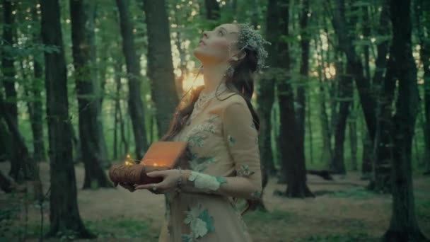 Atractiv Dryad Sau Forest Fairy Femeie Fermecătoare Într Rochie Albă — Videoclip de stoc
