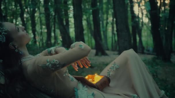 Atractiv Dryad Sau Forest Fairy Femeie Fermecătoare Într Rochie Albă — Videoclip de stoc