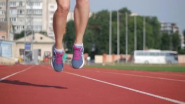 Stadyumda koşu yapan bayan sporcu. Güneşli bir günde stadyumda fiziksel egzersiz yapan ve spor yapan bayan sporcu. Spor salonunda kadın koşucu eğitimi. Dairesel stadyum pistinde koşan bir kadın. Stadyumda koşan bir kadın.