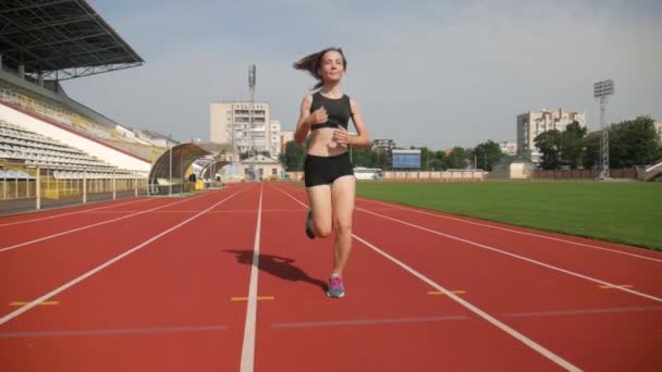 Vrouwelijke Atleet Joggen Baan Het Stadion Vrouwelijke Atleet Doet Fysieke — Stockvideo