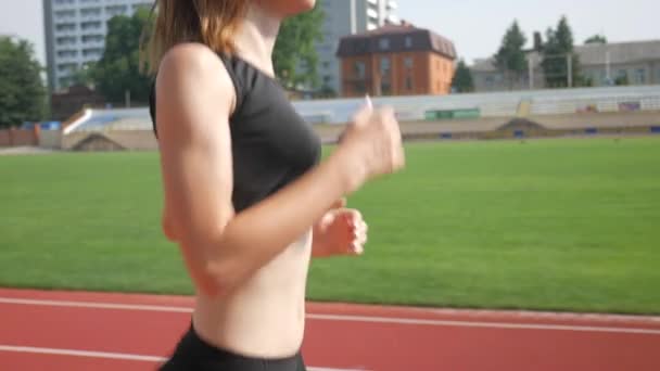 Atleta Femenina Corriendo Pista Estadio Atleta Femenina Haciendo Ejercicios Físicos — Vídeos de Stock